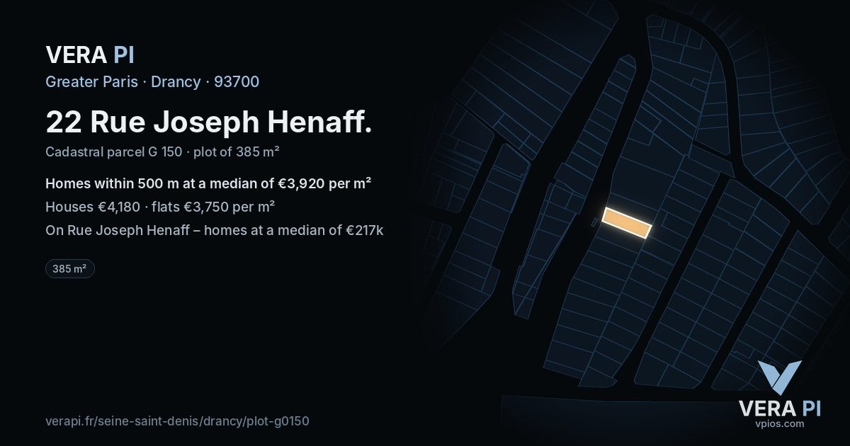 22 Rue Joseph Henaff, Drancy at night – the plot lit, the parcels around coloured by the prices near them