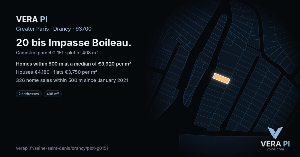 20 bis Impasse Boileau, Drancy at night – the plot lit, the parcels around coloured by the prices near them