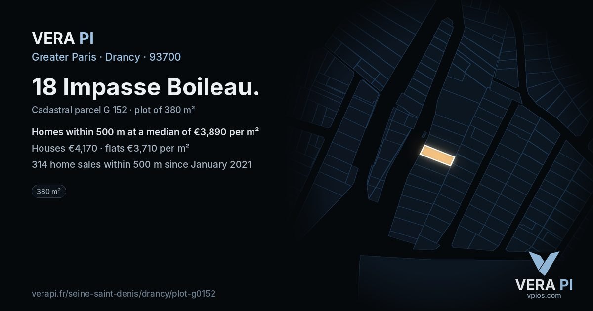 18 Impasse Boileau, Drancy at night – the plot lit, the parcels around coloured by the prices near them