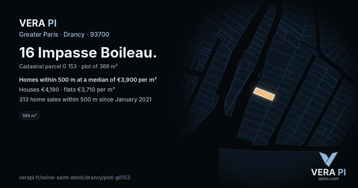 16 Impasse Boileau, Drancy at night – the plot lit, the parcels around coloured by the prices near them