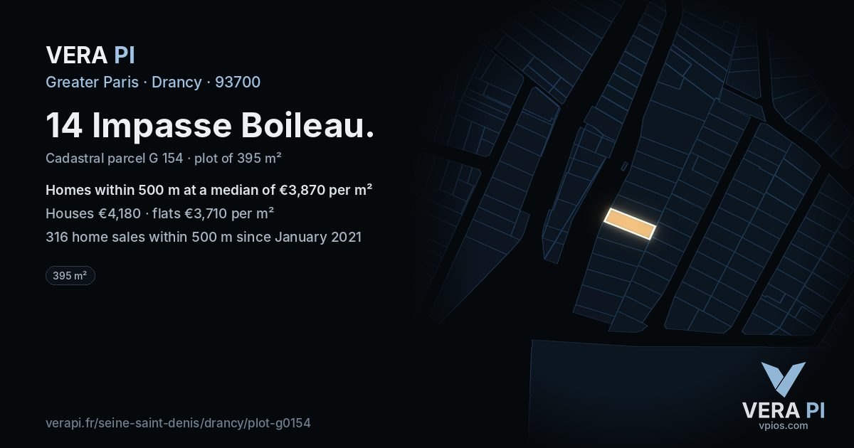 14 Impasse Boileau, Drancy at night – the plot lit, the parcels around coloured by the prices near them
