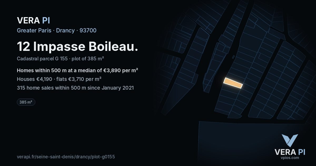 12 Impasse Boileau, Drancy at night – the plot lit, the parcels around coloured by the prices near them