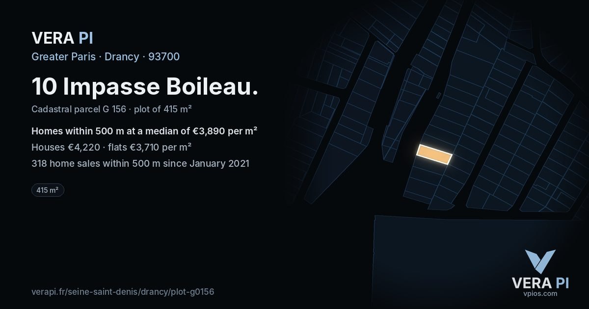 10 Impasse Boileau, Drancy at night – the plot lit, the parcels around coloured by the prices near them