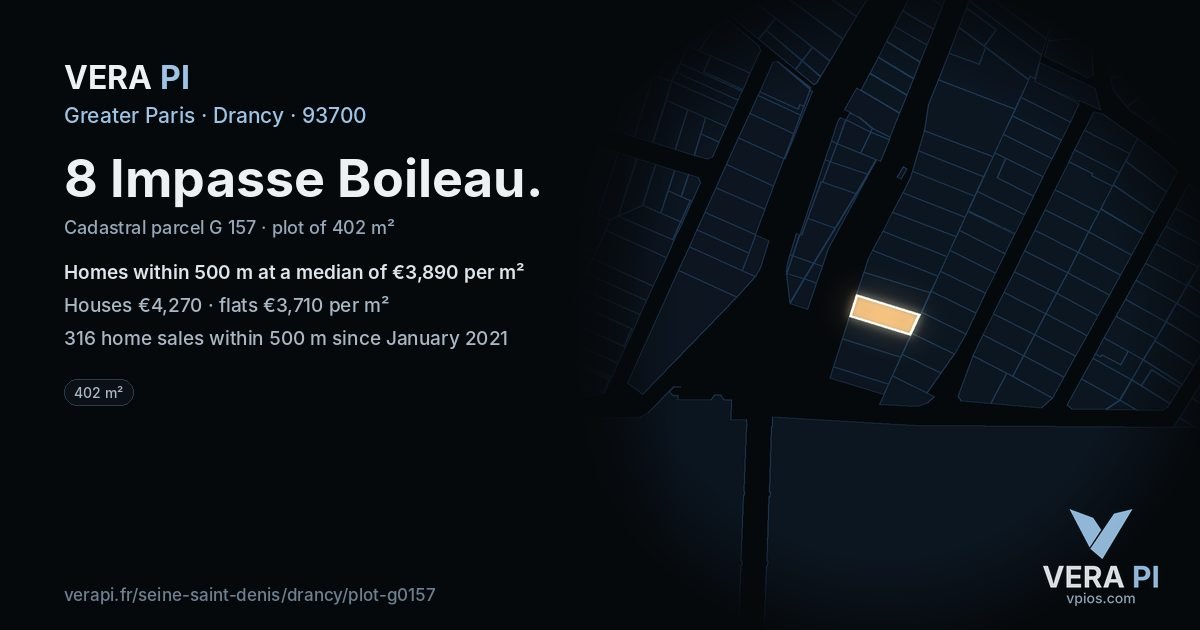 8 Impasse Boileau, Drancy at night – the plot lit, the parcels around coloured by the prices near them