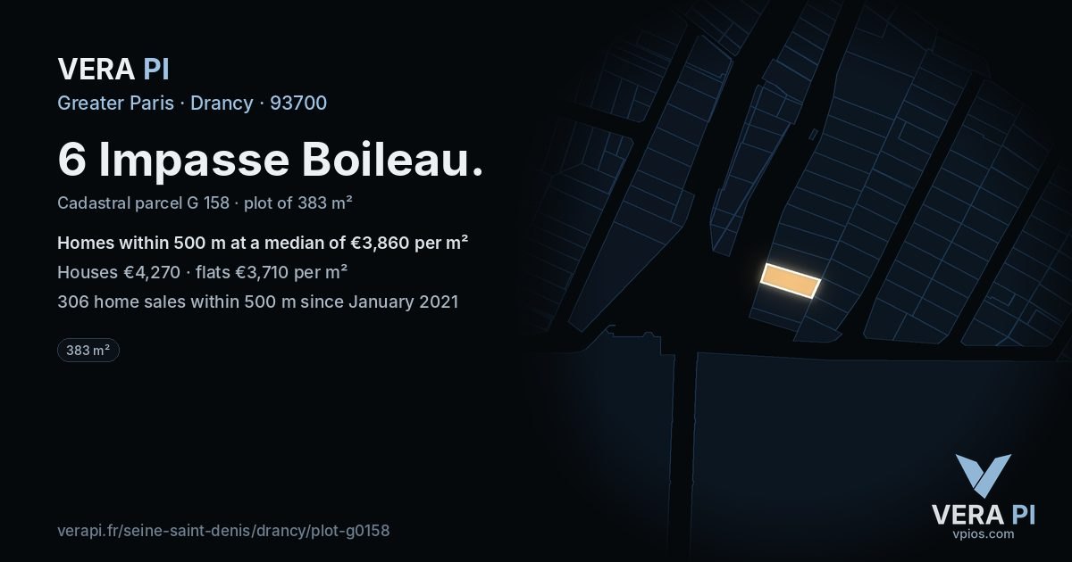 6 Impasse Boileau, Drancy at night – the plot lit, the parcels around coloured by the prices near them