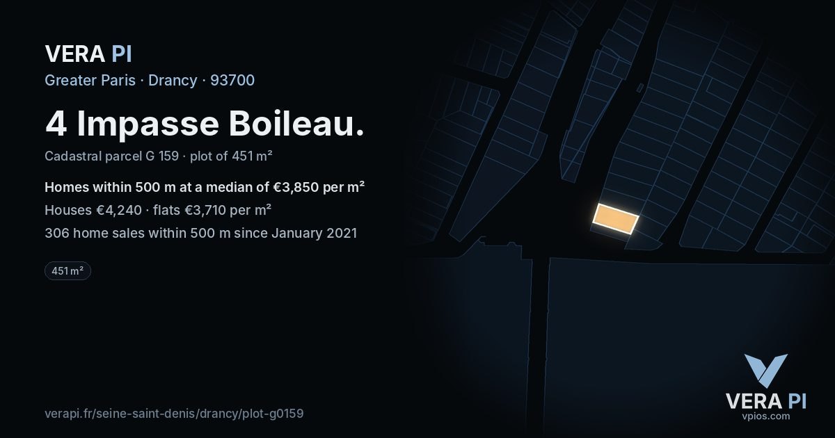 4 Impasse Boileau, Drancy at night – the plot lit, the parcels around coloured by the prices near them