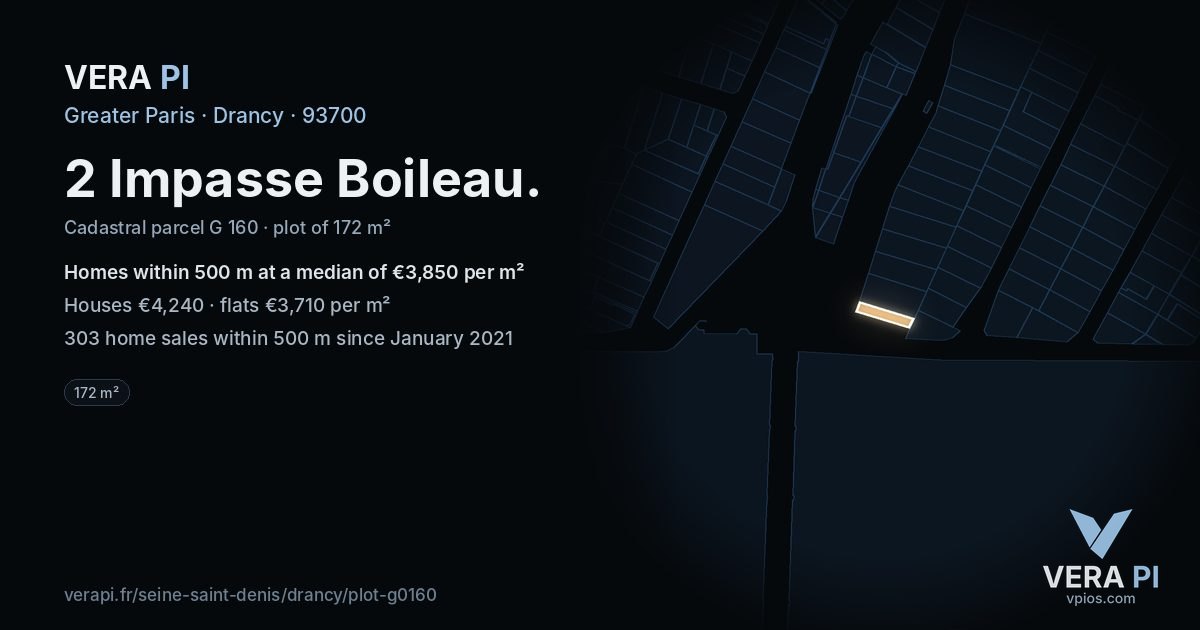 2 Impasse Boileau, Drancy at night – the plot lit, the parcels around coloured by the prices near them