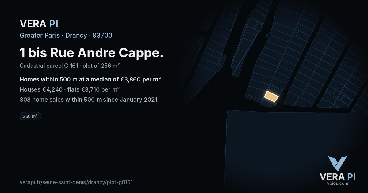 1 bis Rue Andre Cappe, Drancy at night – the plot lit, the parcels around coloured by the prices near them