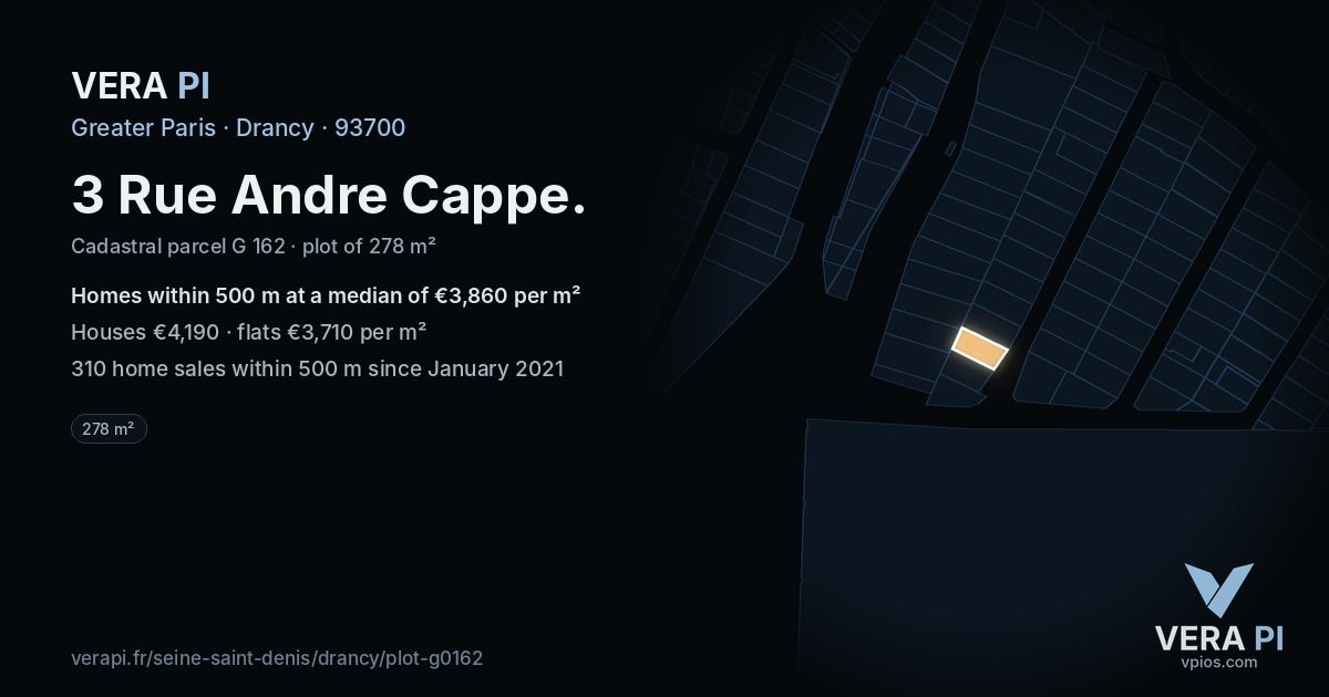 3 Rue Andre Cappe, Drancy at night – the plot lit, the parcels around coloured by the prices near them