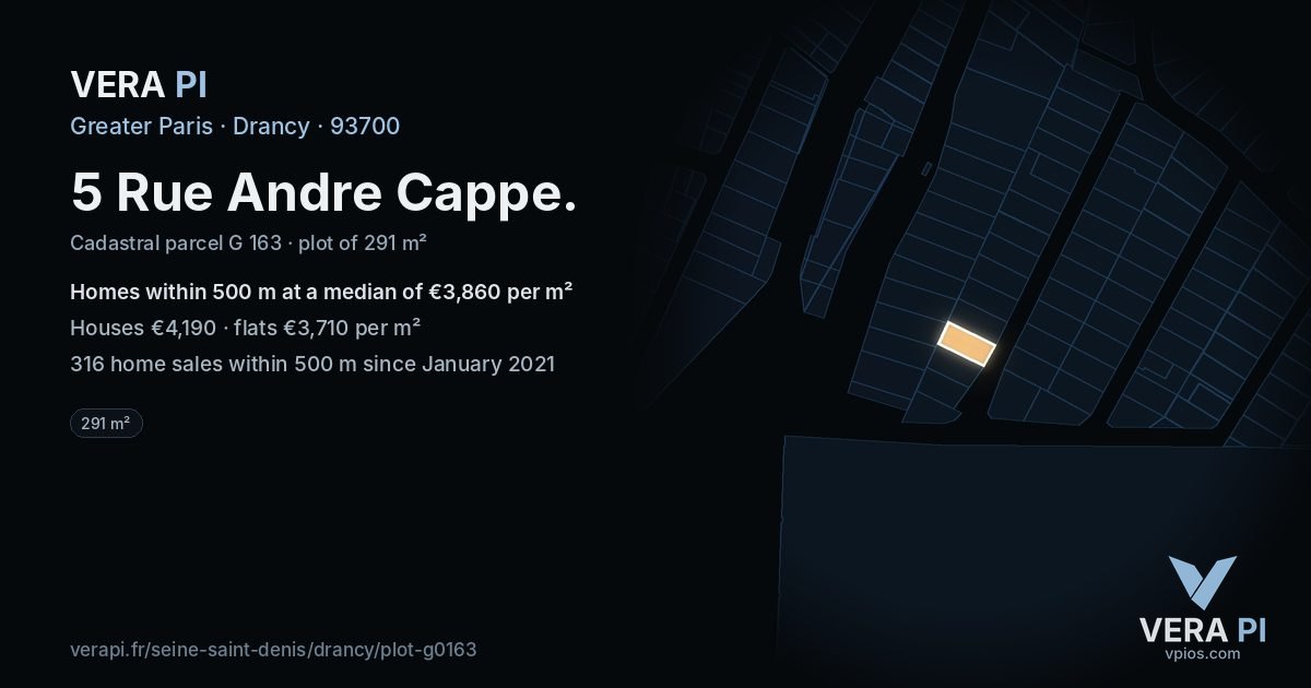 5 Rue Andre Cappe, Drancy at night – the plot lit, the parcels around coloured by the prices near them