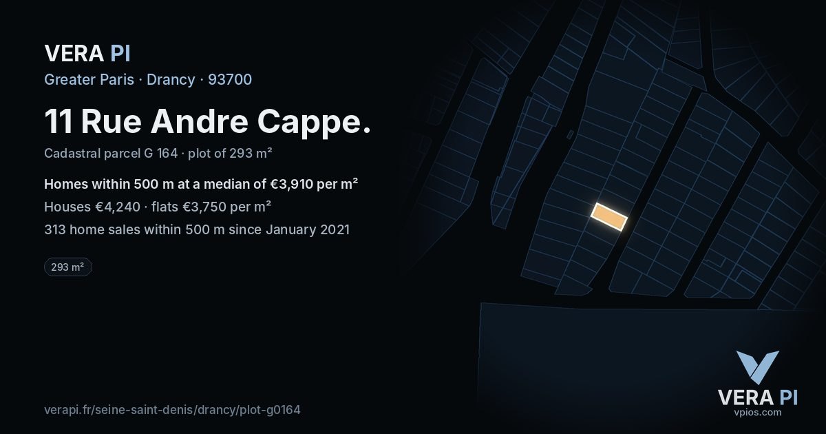 11 Rue Andre Cappe, Drancy at night – the plot lit, the parcels around coloured by the prices near them