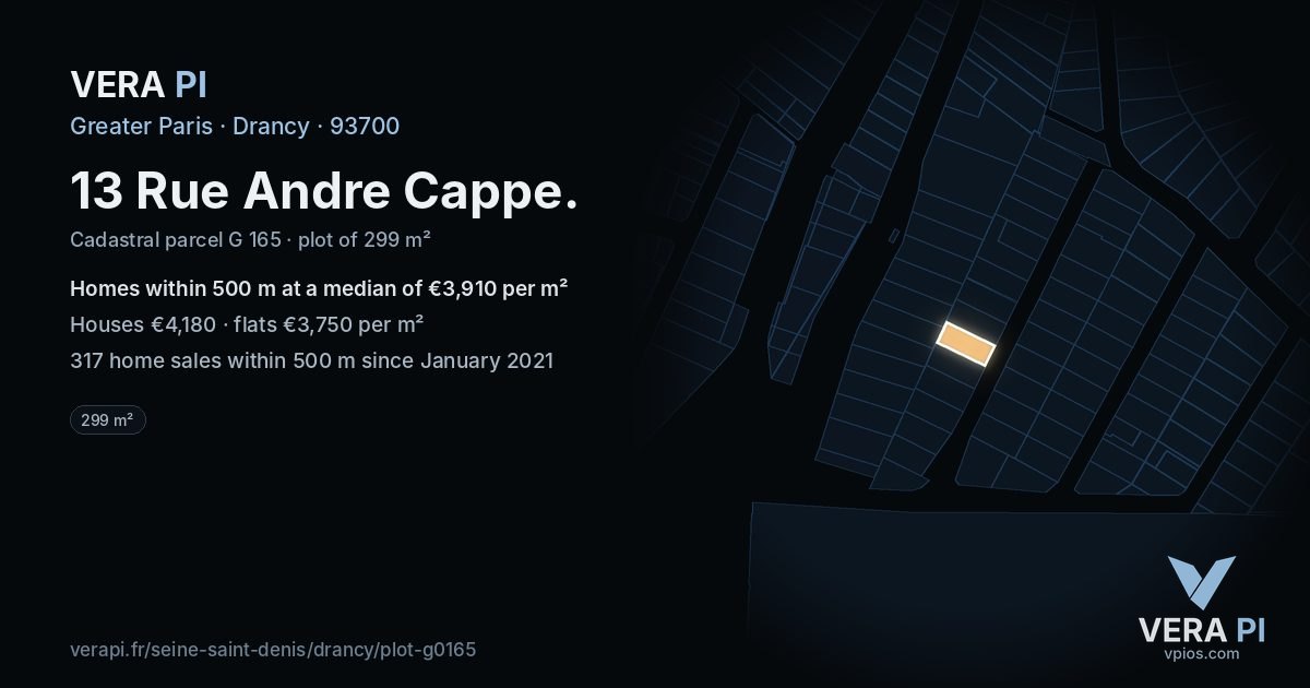 13 Rue Andre Cappe, Drancy at night – the plot lit, the parcels around coloured by the prices near them