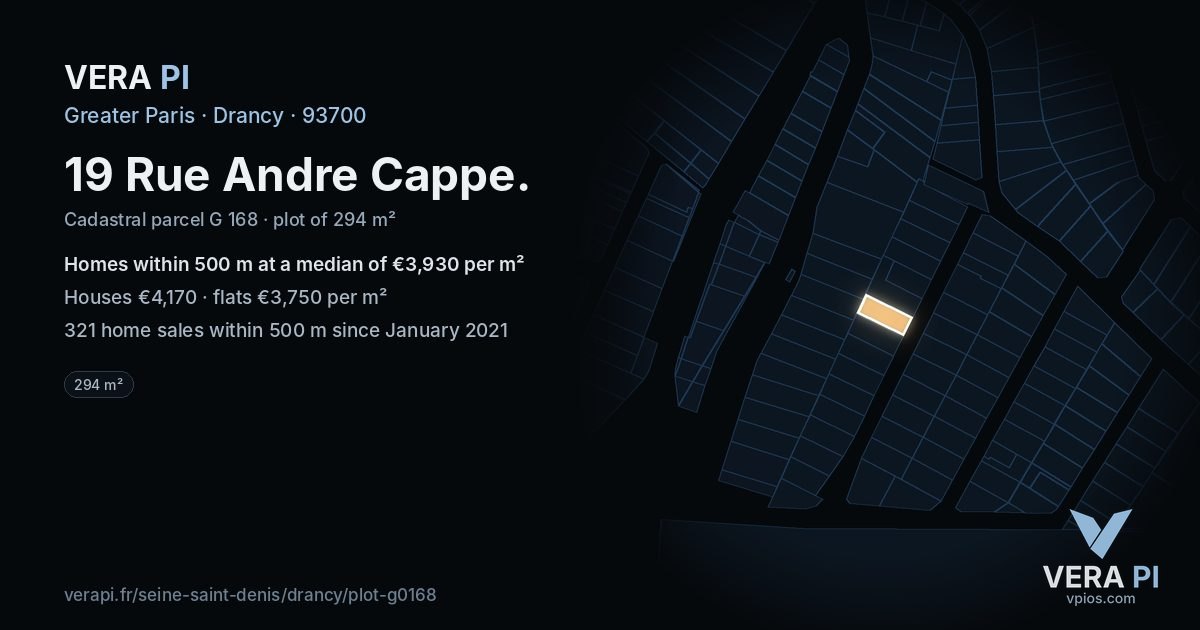 19 Rue Andre Cappe, Drancy at night – the plot lit, the parcels around coloured by the prices near them