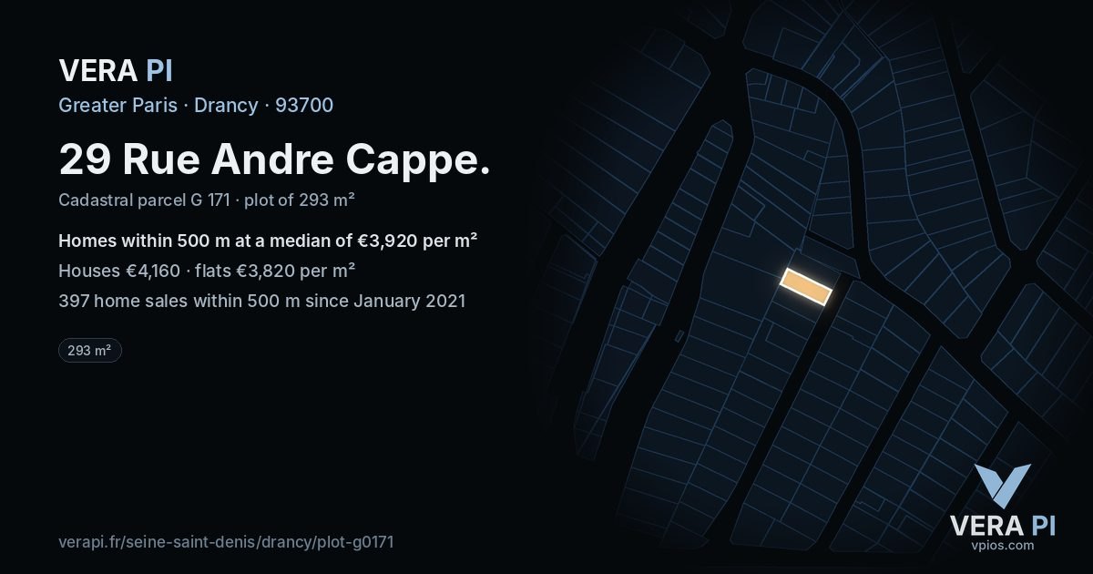 29 Rue Andre Cappe, Drancy at night – the plot lit, the parcels around coloured by the prices near them