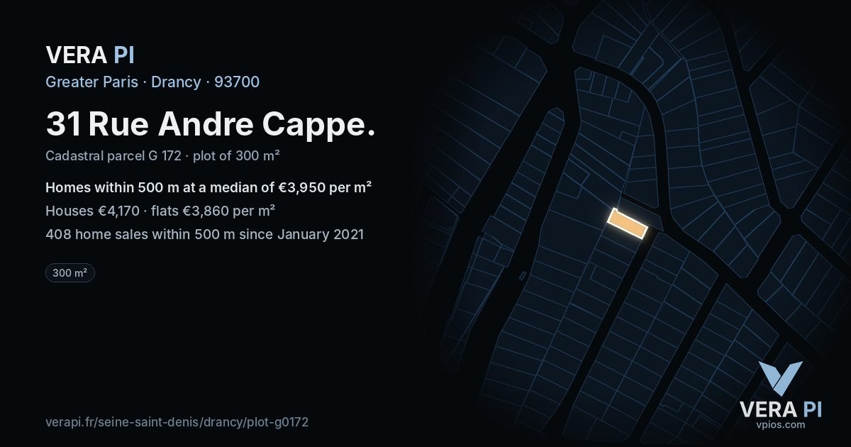 31 Rue Andre Cappe, Drancy at night – the plot lit, the parcels around coloured by the prices near them