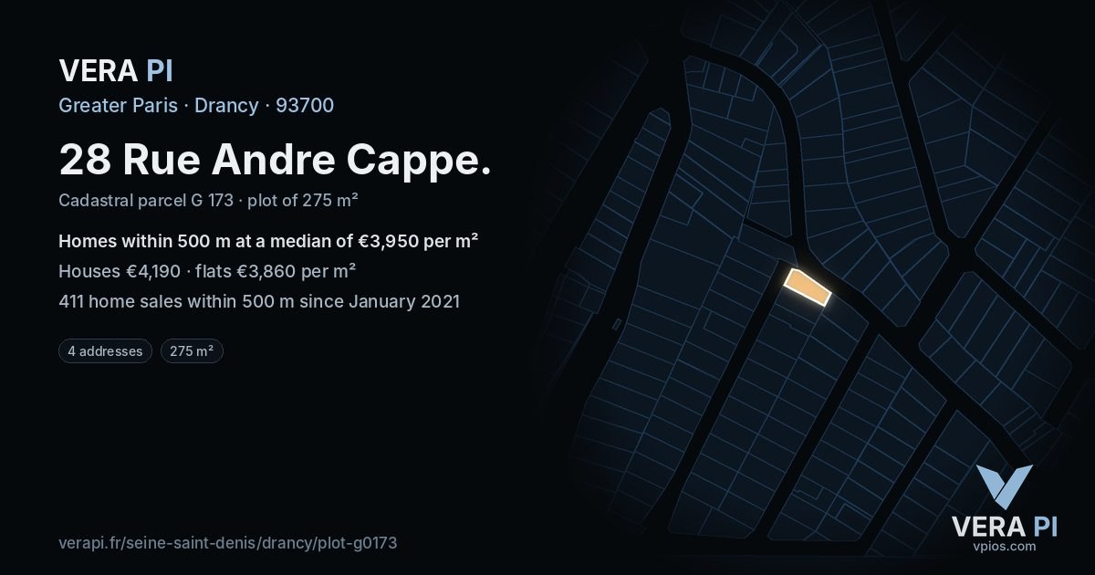 28 Rue Andre Cappe, Drancy at night – the plot lit, the parcels around coloured by the prices near them