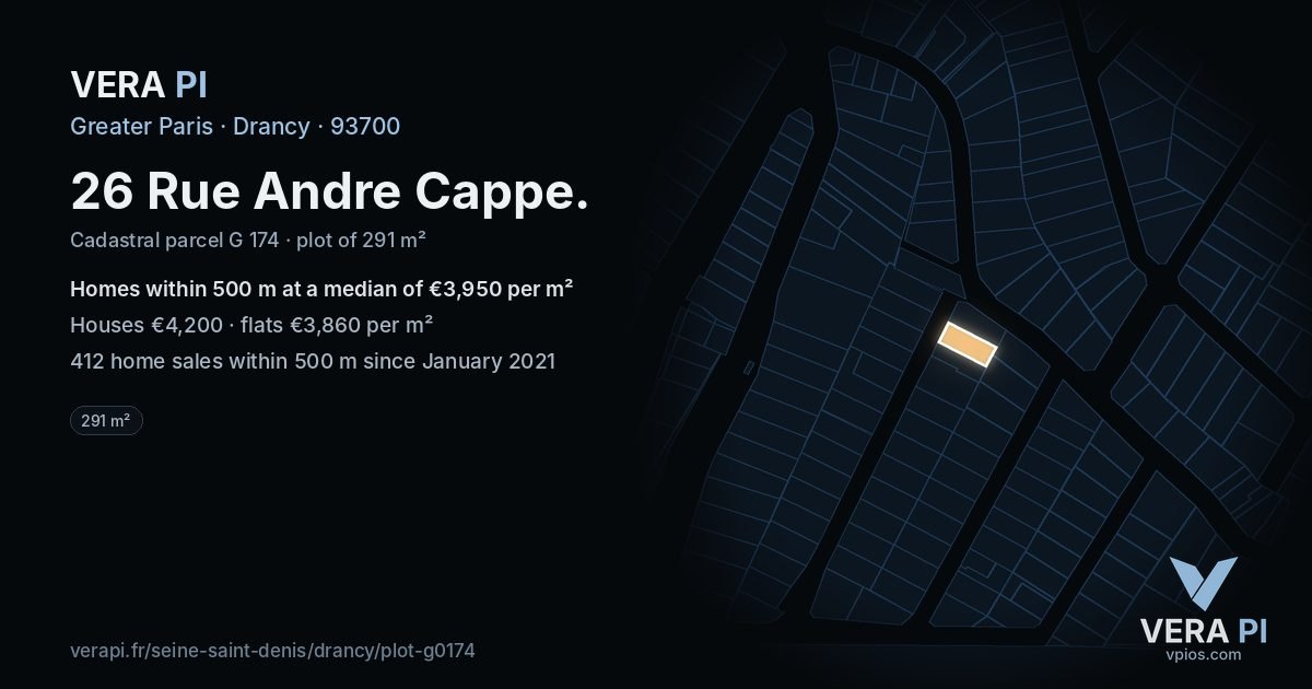 26 Rue Andre Cappe, Drancy at night – the plot lit, the parcels around coloured by the prices near them
