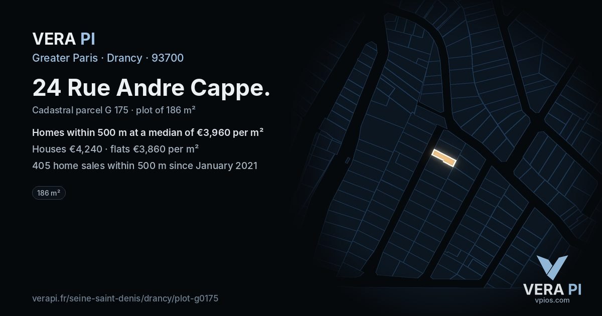 24 Rue Andre Cappe, Drancy at night – the plot lit, the parcels around coloured by the prices near them