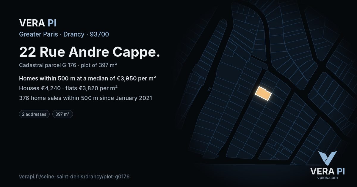 22 Rue Andre Cappe, Drancy at night – the plot lit, the parcels around coloured by the prices near them