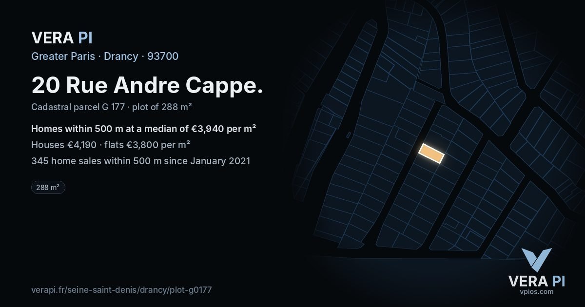 20 Rue Andre Cappe, Drancy at night – the plot lit, the parcels around coloured by the prices near them