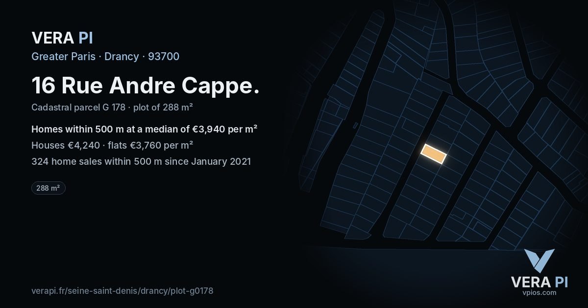 16 Rue Andre Cappe, Drancy at night – the plot lit, the parcels around coloured by the prices near them