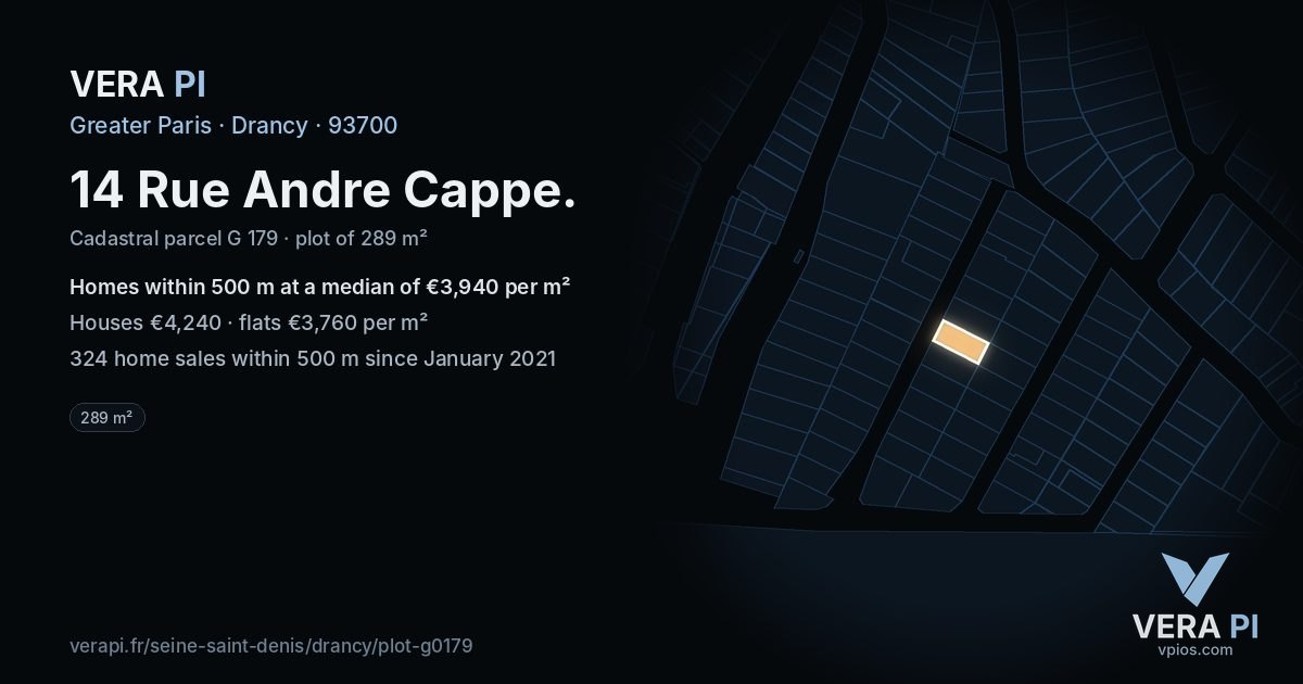 14 Rue Andre Cappe, Drancy at night – the plot lit, the parcels around coloured by the prices near them