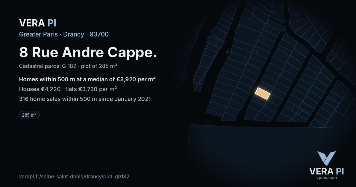 8 Rue Andre Cappe, Drancy at night – the plot lit, the parcels around coloured by the prices near them