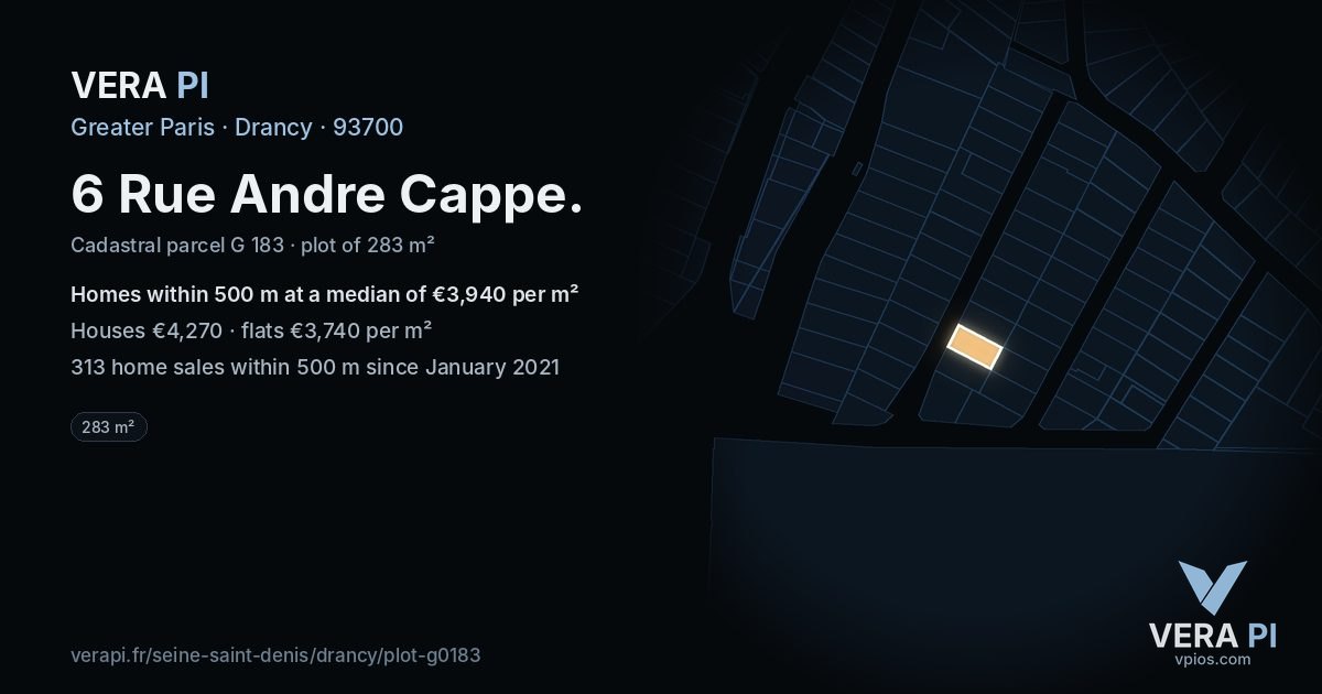 6 Rue Andre Cappe, Drancy at night – the plot lit, the parcels around coloured by the prices near them