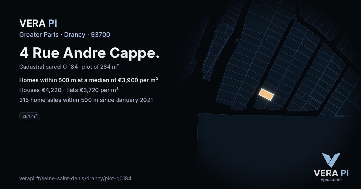 4 Rue Andre Cappe, Drancy at night – the plot lit, the parcels around coloured by the prices near them