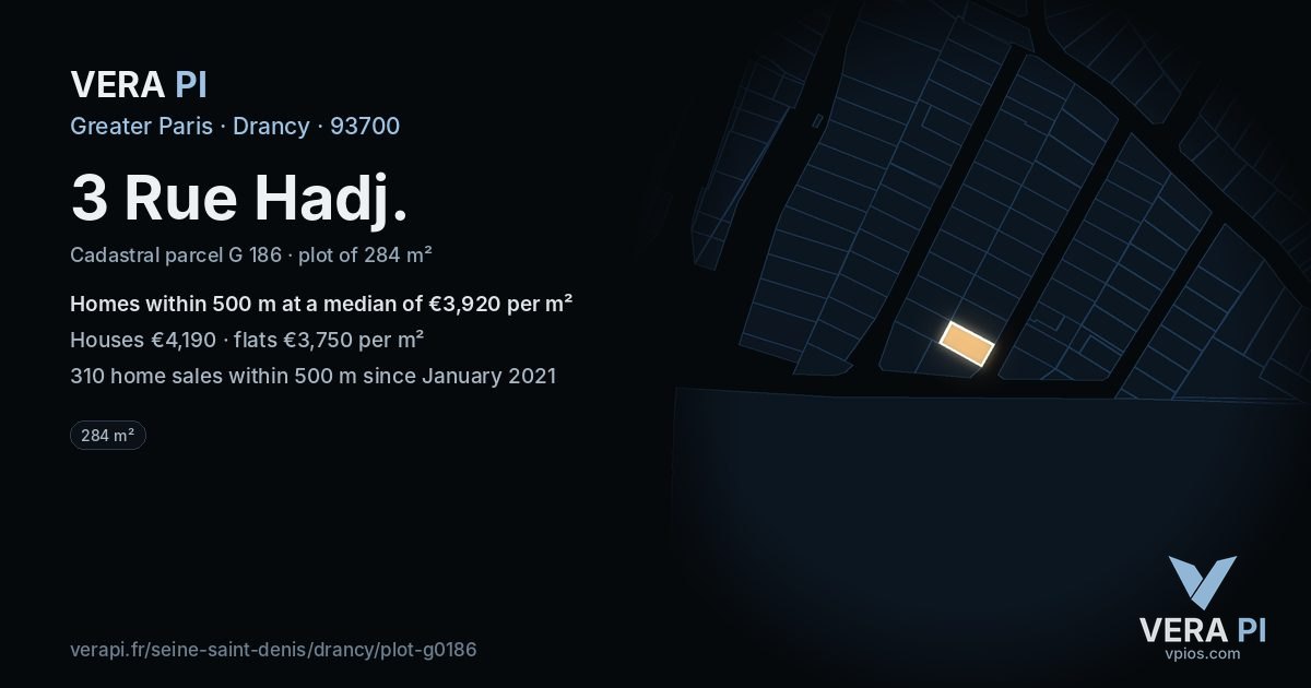 3 Rue Hadj, Drancy at night – the plot lit, the parcels around coloured by the prices near them