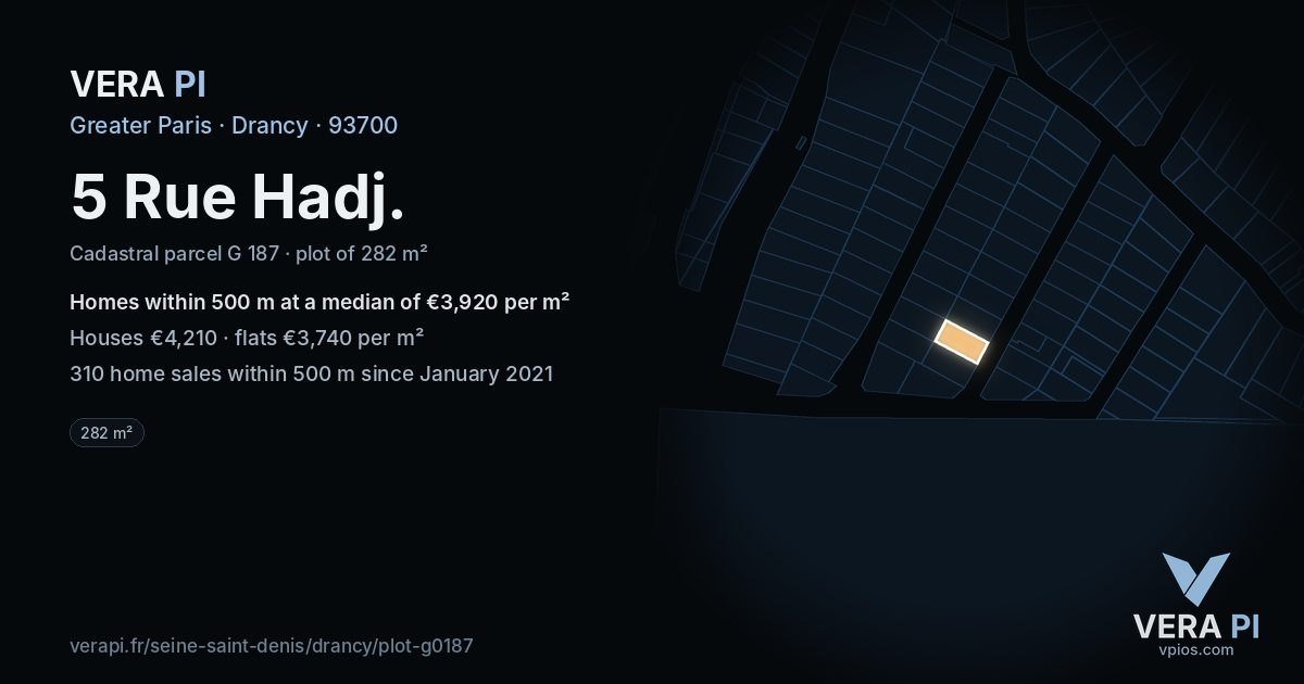 5 Rue Hadj, Drancy at night – the plot lit, the parcels around coloured by the prices near them