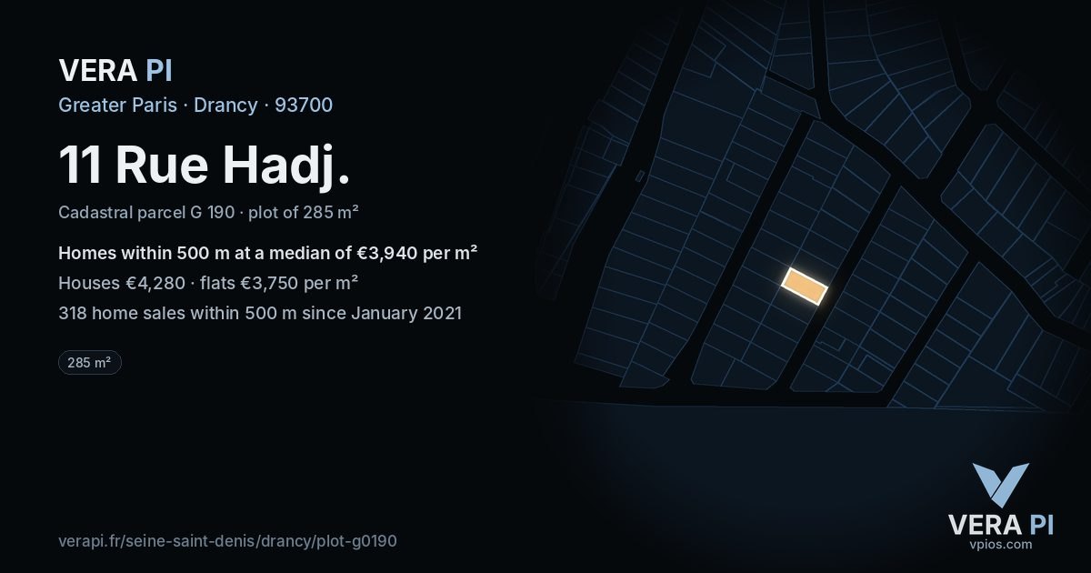 11 Rue Hadj, Drancy at night – the plot lit, the parcels around coloured by the prices near them