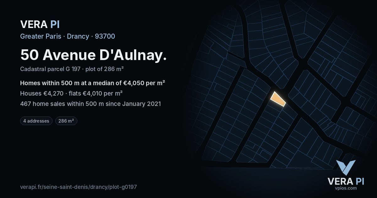 50 Avenue D'Aulnay, Drancy at night – the plot lit, the parcels around coloured by the prices near them