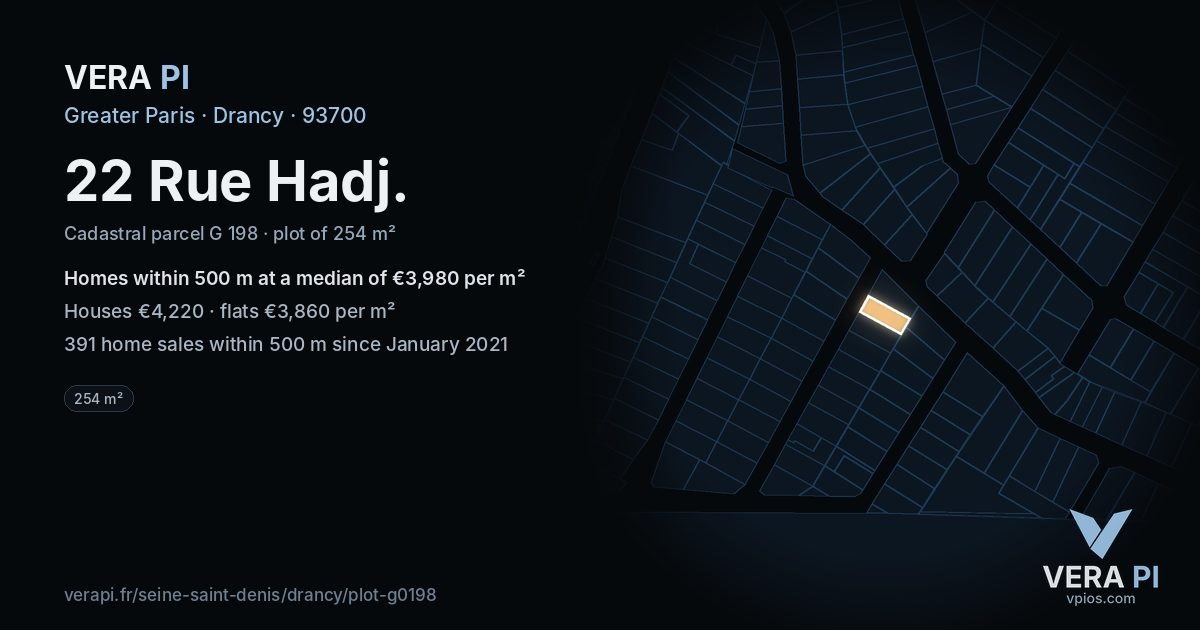 22 Rue Hadj, Drancy at night – the plot lit, the parcels around coloured by the prices near them
