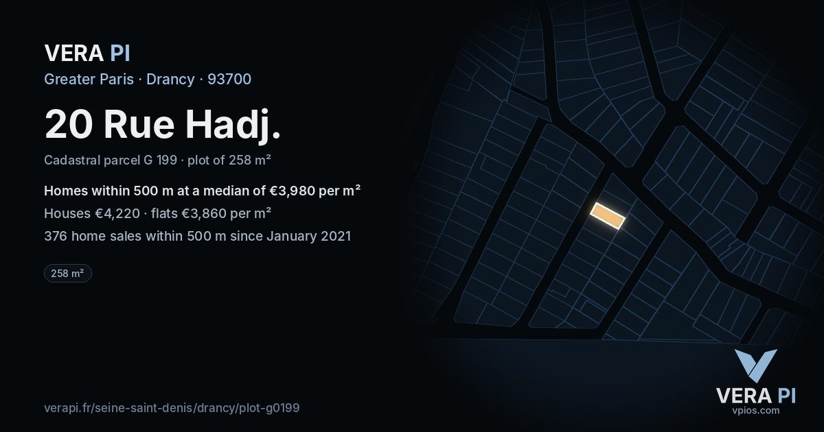 20 Rue Hadj, Drancy at night – the plot lit, the parcels around coloured by the prices near them