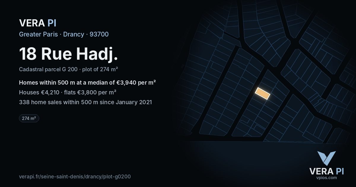 18 Rue Hadj, Drancy at night – the plot lit, the parcels around coloured by the prices near them