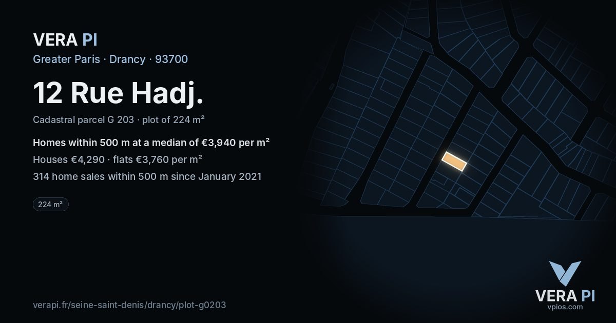 12 Rue Hadj, Drancy at night – the plot lit, the parcels around coloured by the prices near them