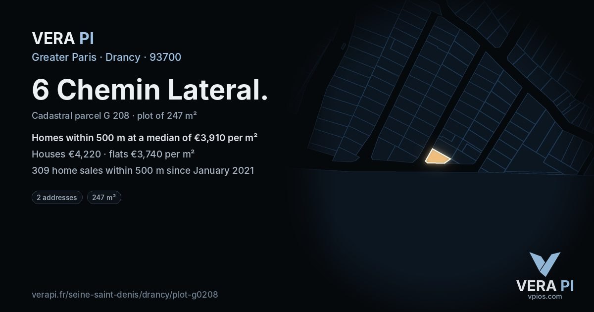 6 Chemin Lateral, Drancy at night – the plot lit, the parcels around coloured by the prices near them