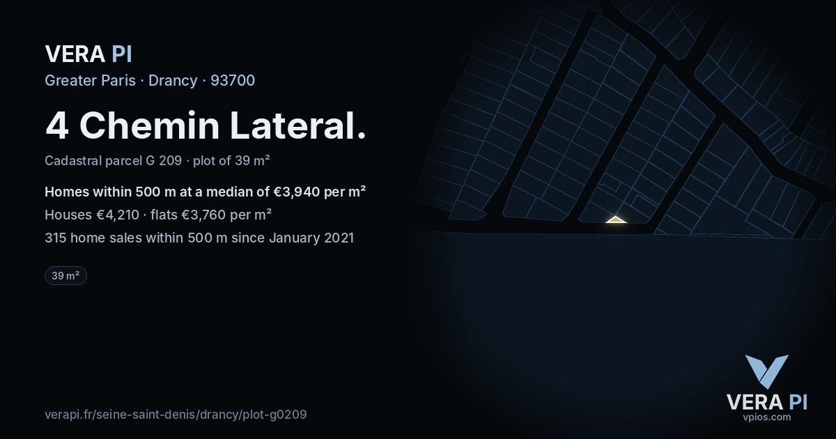 4 Chemin Lateral, Drancy at night – the plot lit, the parcels around coloured by the prices near them