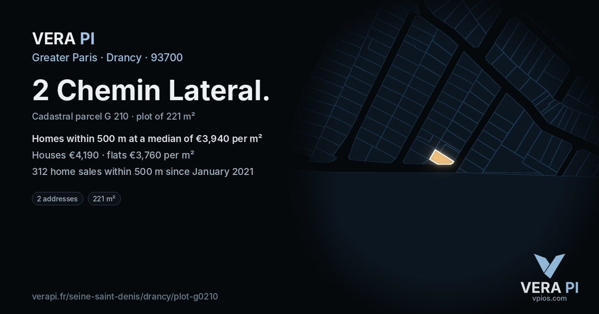 2 Chemin Lateral, Drancy at night – the plot lit, the parcels around coloured by the prices near them