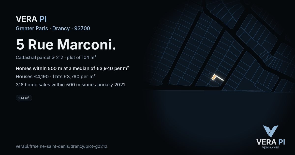 5 Rue Marconi, Drancy at night – the plot lit, the parcels around coloured by the prices near them