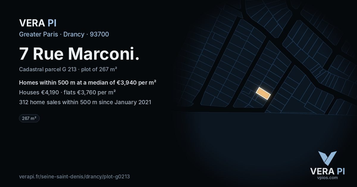 7 Rue Marconi, Drancy at night – the plot lit, the parcels around coloured by the prices near them