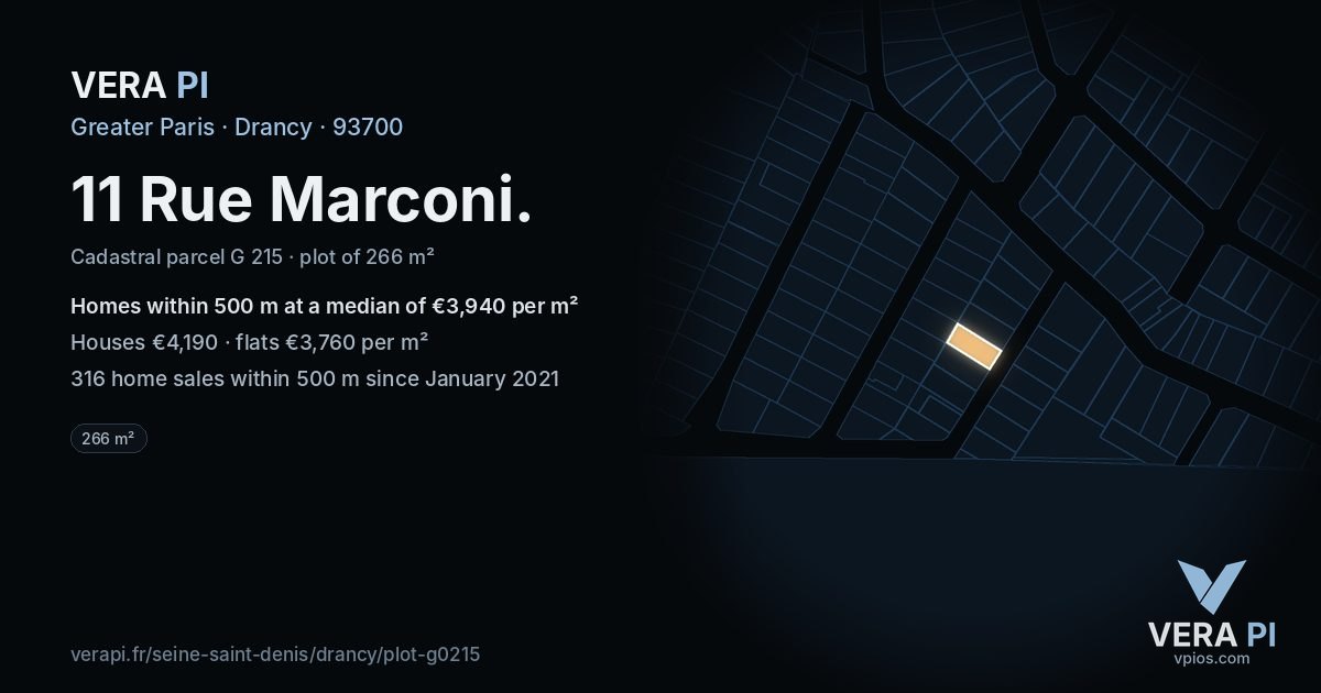 11 Rue Marconi, Drancy at night – the plot lit, the parcels around coloured by the prices near them