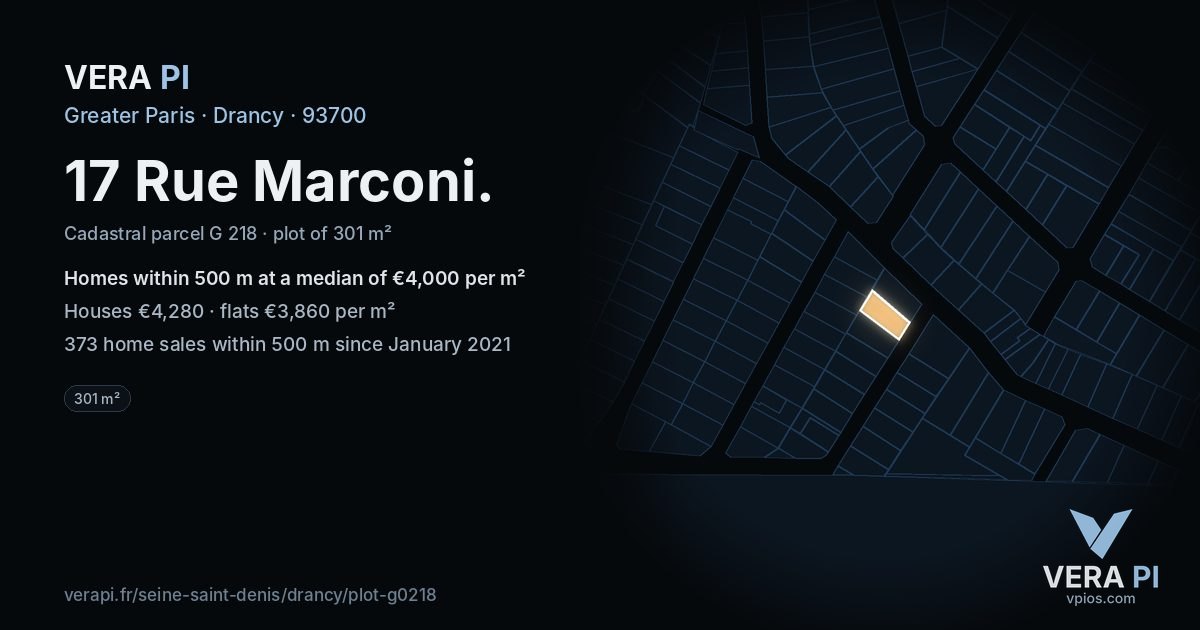 17 Rue Marconi, Drancy at night – the plot lit, the parcels around coloured by the prices near them