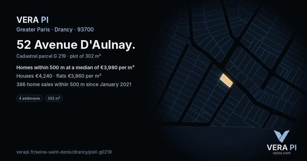 52 Avenue D'Aulnay, Drancy at night – the plot lit, the parcels around coloured by the prices near them