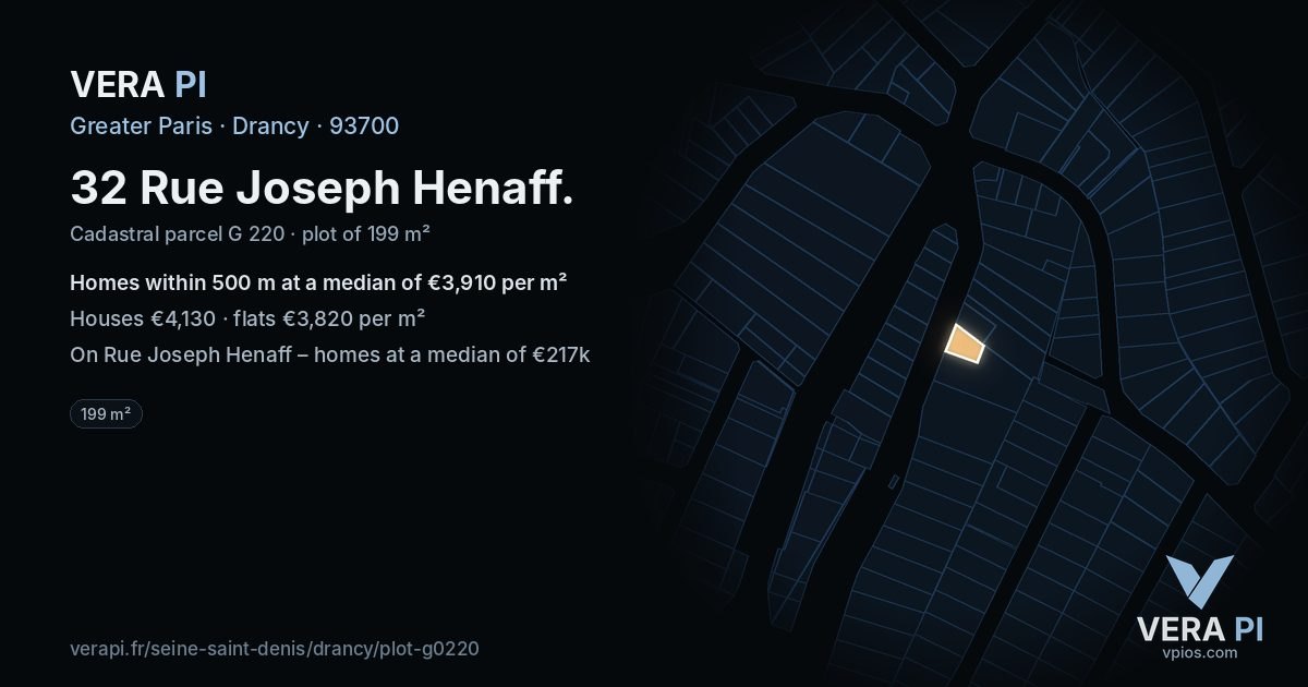32 Rue Joseph Henaff, Drancy at night – the plot lit, the parcels around coloured by the prices near them
