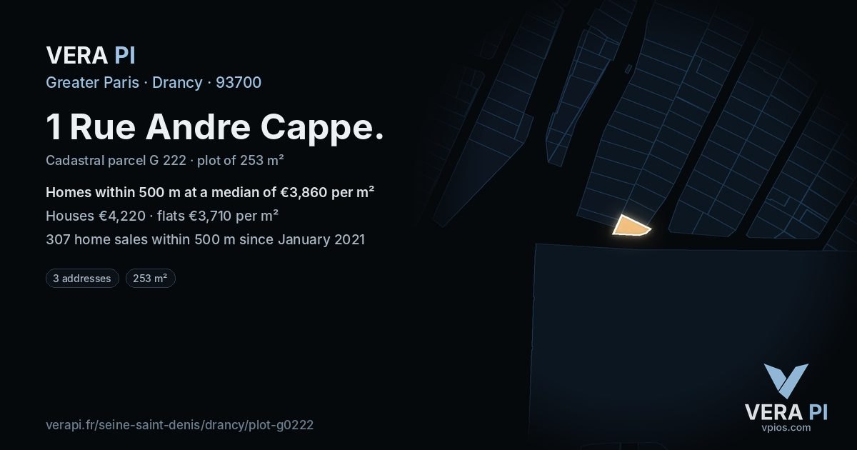 1 Rue Andre Cappe, Drancy at night – the plot lit, the parcels around coloured by the prices near them