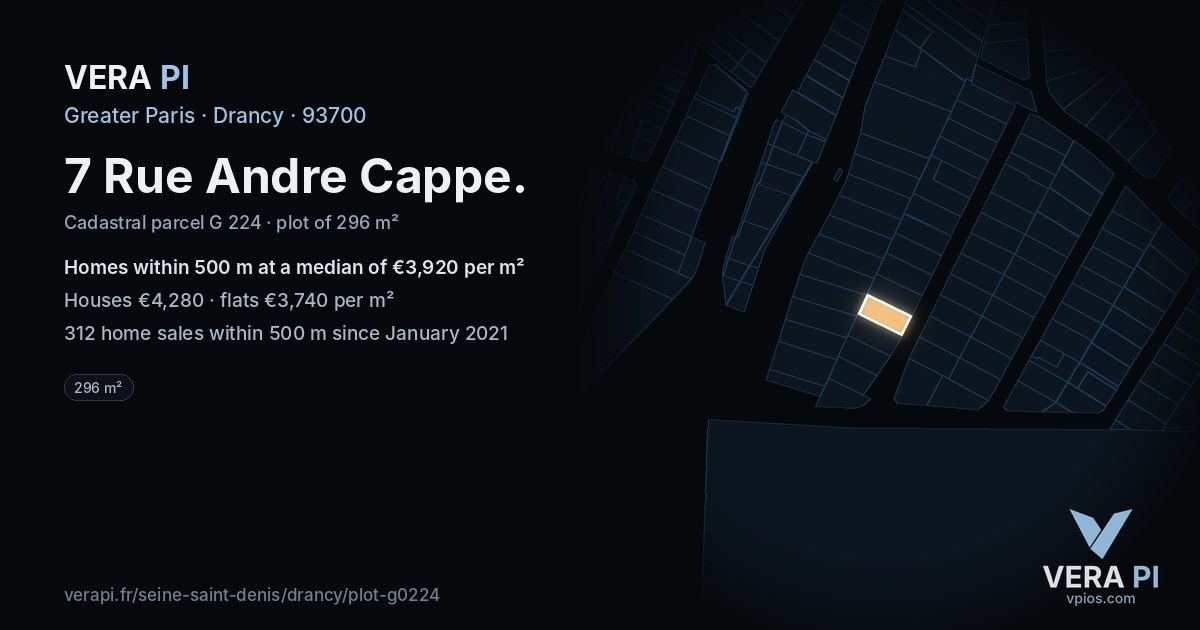 7 Rue Andre Cappe, Drancy at night – the plot lit, the parcels around coloured by the prices near them