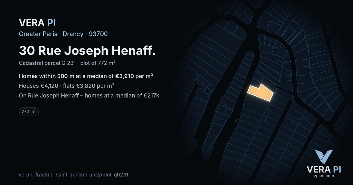30 Rue Joseph Henaff, Drancy at night – the plot lit, the parcels around coloured by the prices near them