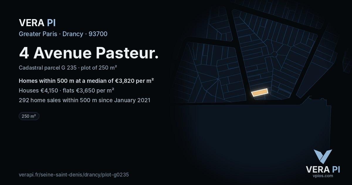 4 Avenue Pasteur, Drancy at night – the plot lit, the parcels around coloured by the prices near them